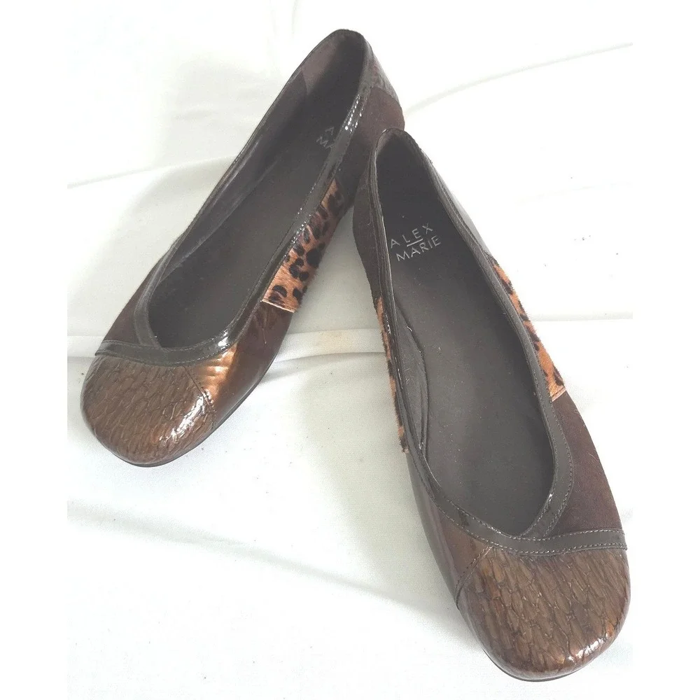 Alex Marie Womens Brown Leopard Print Patent Mixed Media Ballet Flats 8.5M